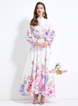 Holiday Flower Printed Lantern Sleeve Dress