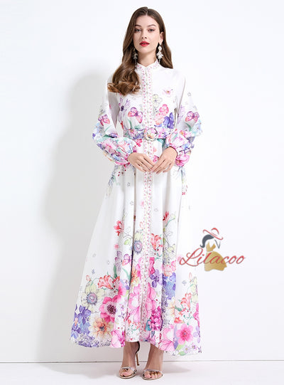 Holiday Flower Printed Lantern Sleeve Dress