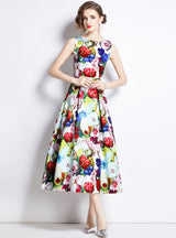Sleeveless Round Neck Waist Slim Printed Dress