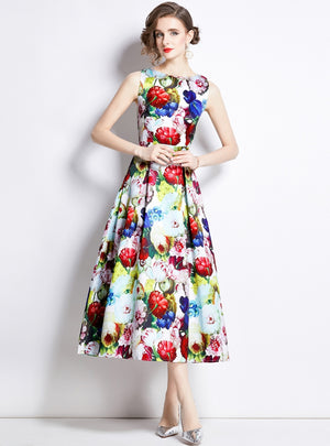 Sleeveless Round Neck Waist Slim Printed Dress