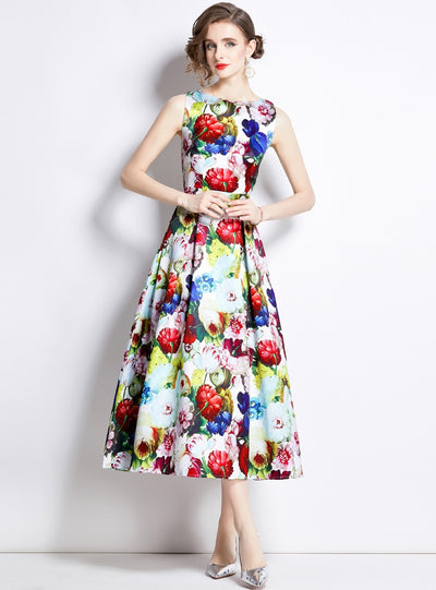 Sleeveless Round Neck Waist Slim Printed Dress