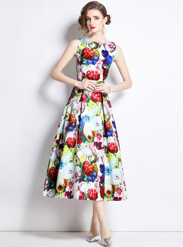Sleeveless Round Neck Waist Slim Printed Dress