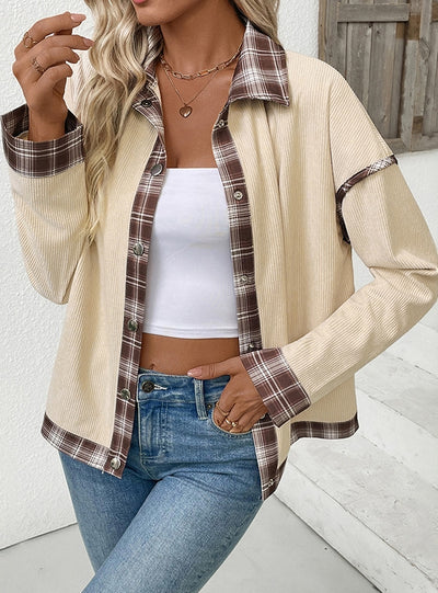 Casual Retro Lapel Plaid Corduroy Stitching Jacket