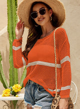 Thin Loose Round Neck Striped Hollow Long Sleeve Top