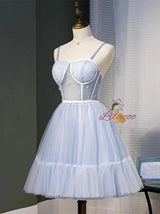 Blue Tulle Spaghetti Pleats Homecoming Dress