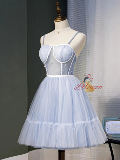 Blue Tulle Spaghetti Pleats Homecoming Dress