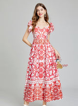 Printed V-neck Big Swing Slim A-line Dress