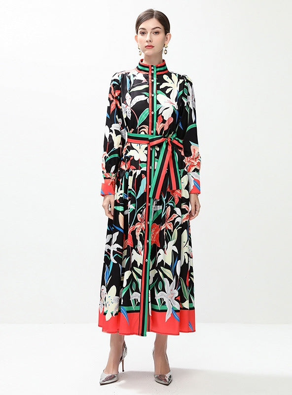 Retro Printed Breasted Long Sleeve Dress