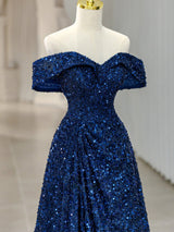 Royal Blue Sequins Off the Shoulder Pleats Prom Dress