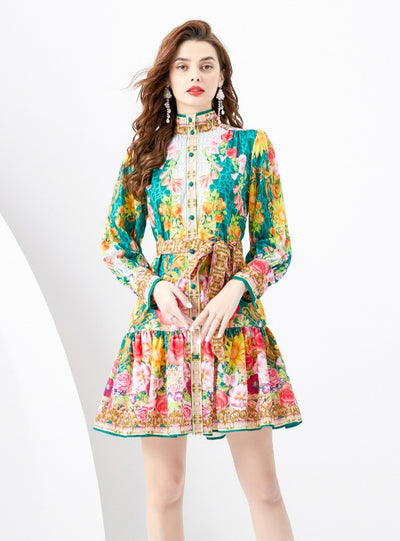 Lantern Long Sleeve Breasted Printed Ruffled Dress