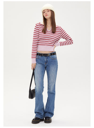 Pink Striped V-neck Lapel Top