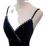 Navy Blue Mermaid Velvet Beading Prom Dress