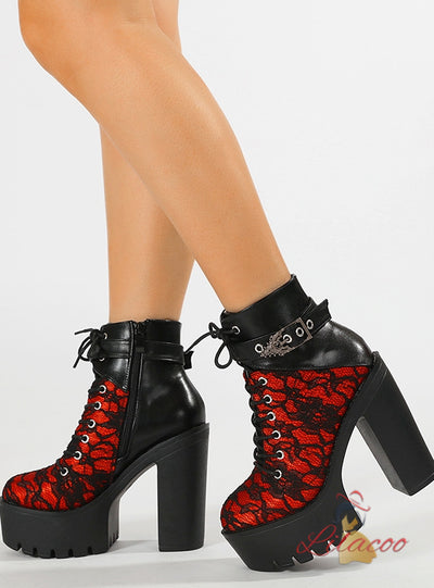 Retro Lace Red High-heeled Thick-heeled Platform Boots