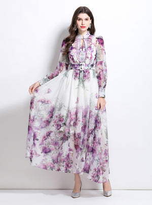 Fashion Printed Silm Waist Lantern Sleeve Dress