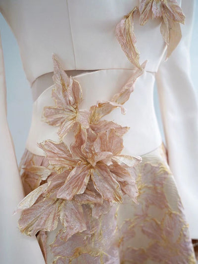 Champagne Long Sleeve 3D Flower Prom Dress