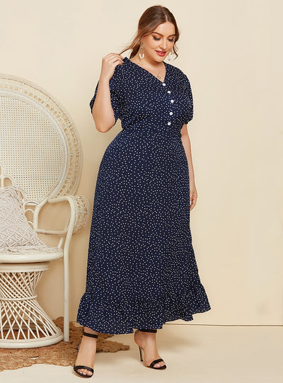 Polka Dot Short Sleeve Long Dress