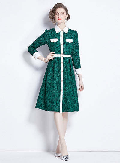Contrast Lapel Jacquard Long Sleeve Dress