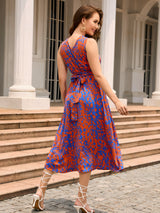 Retro Printed Halter Lace-up Dress