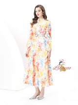Retro Lace Lantern Sleeve Long Printed Dress