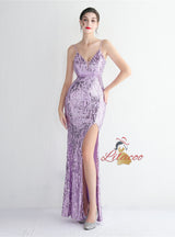 Spaghetti Straps Mermaid Sequins Split Prom Dress