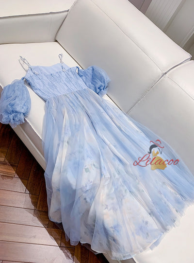 Strap Pleated Print Lantern Sleeve Dress