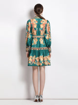 Vintage Printed Lantern Sleeve V-neck Dress
