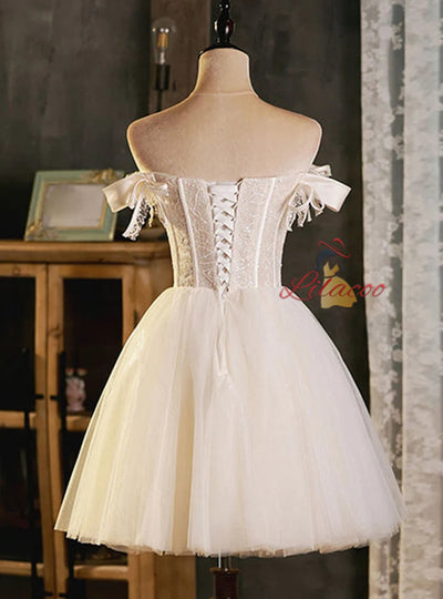 White Tulle Button Pleats Homecoming Dress