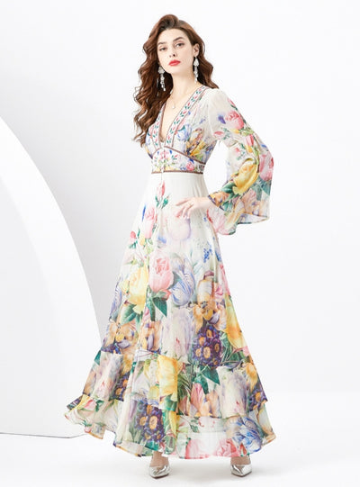 Horn Long Sleeve V-neck Printed Dress