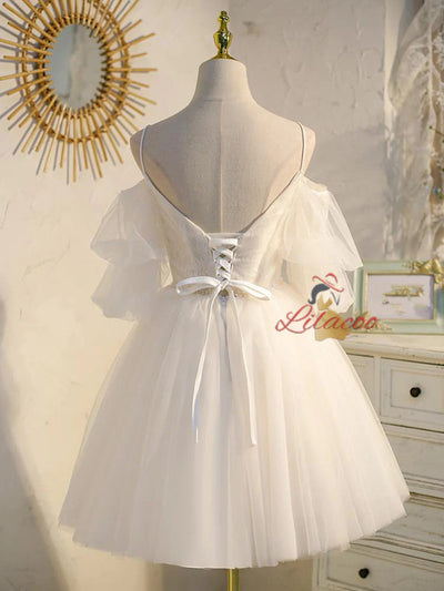 White Tulle Puff Sleeve Straps Homecoming Dress