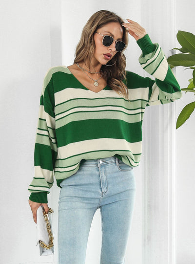 Loose Striped V-neck Long Sleeve Sweater