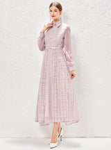 Lapel Lantern Sleeve Gauze Stitching Dress