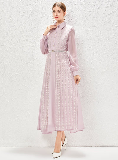 Lapel Lantern Sleeve Gauze Stitching Dress