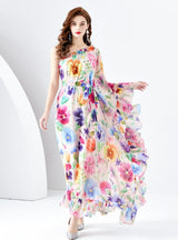 One-shoulder Wooden Ear Wide Swing Printed Dress