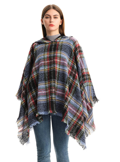 Double-sided Plaid Hooded Cloak Shawl