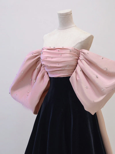 Black Velvet Pink Satin Pleats Prom Dress