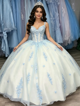 White Tulle Straps Appliques Quinceanera Dress
