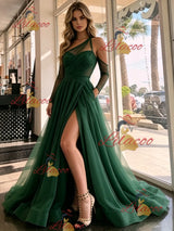 Green Tulle One Shoulder Long Sleeve Prom Dress