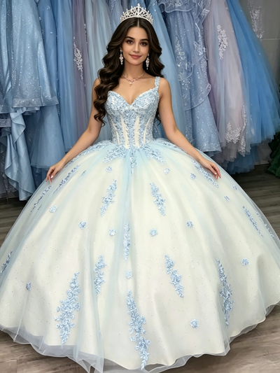 White Tulle Straps Appliques Quinceanera Dress