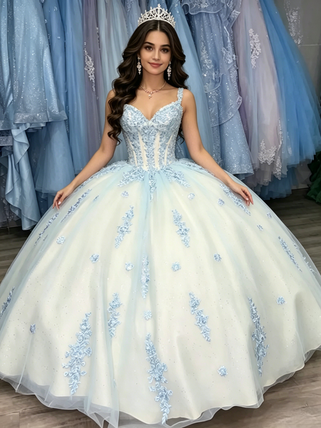 White Tulle Straps Appliques Quinceanera Dress