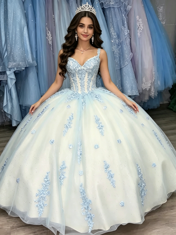 White Tulle Straps Appliques Quinceanera Dress