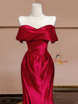 Burgundy Satin Off the Shoulder Pleats Prom Dress