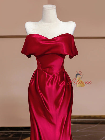 Burgundy Satin Off the Shoulder Pleats Prom Dress