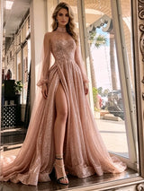 Long Sleeve Sequin High Neck Prom Dress