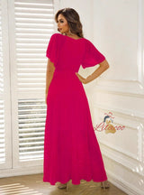 Fuchsia V-neck Short Sleeve Split Dress