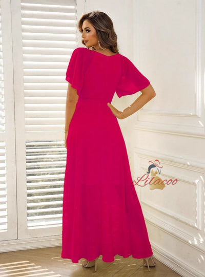 Fuchsia V-neck Short Sleeve Split Dress