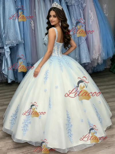 White Tulle Straps Appliques Quinceanera Dress