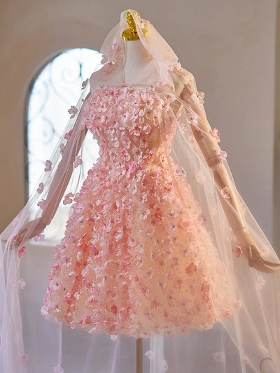 Pink Tulle Strapless 3D Flower Homecoming Dress