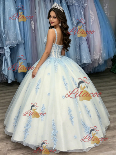 White Tulle Straps Appliques Quinceanera Dress