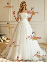Beige White Tulle Off the Shoulder Wedding Dress