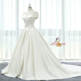 White Satin Off The Shoulder Pleats Wedding Dress